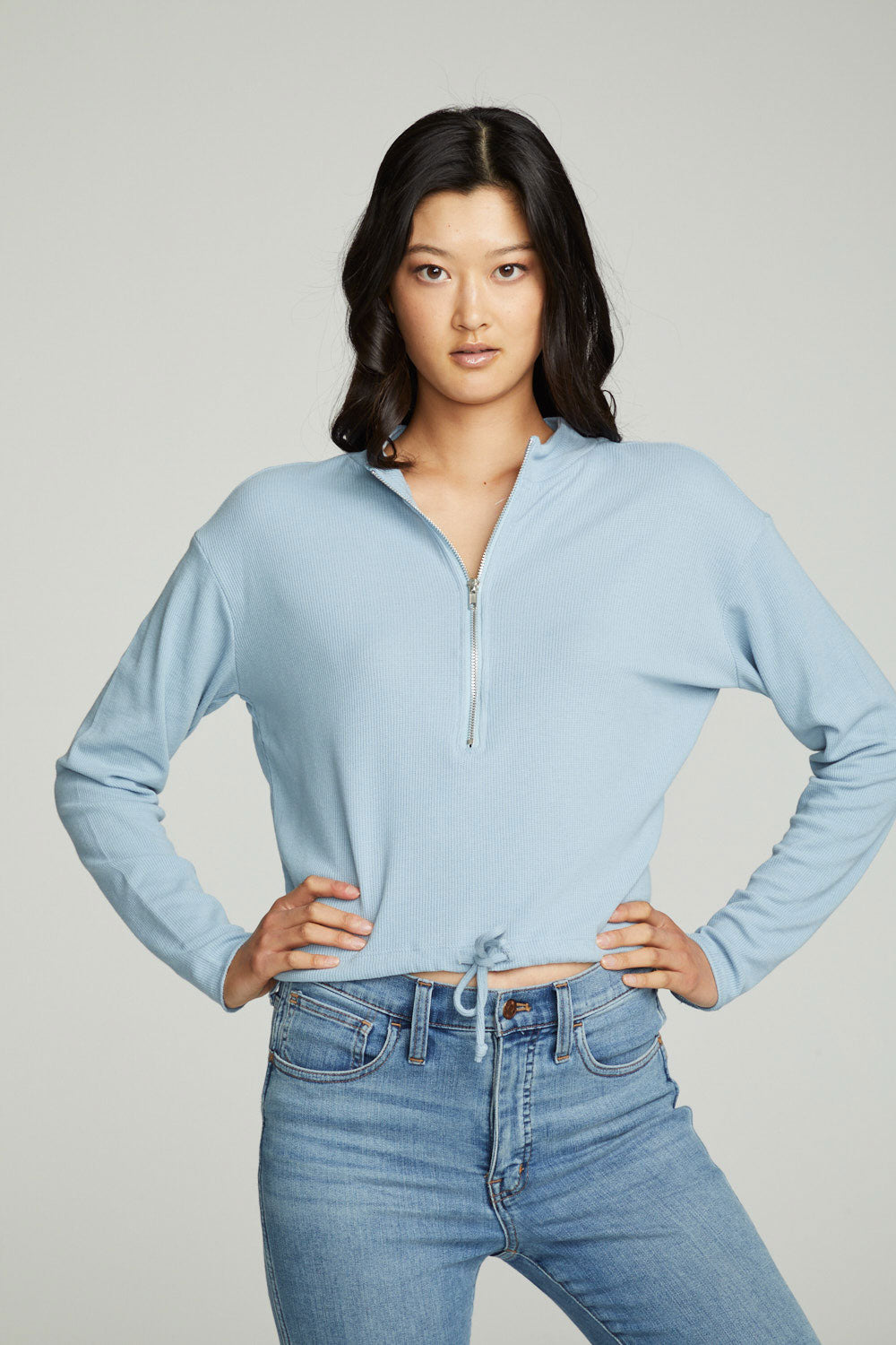 Long Sleeve Zipper Mock Neck Semi Cropped Tee WOMENS chaserbrand