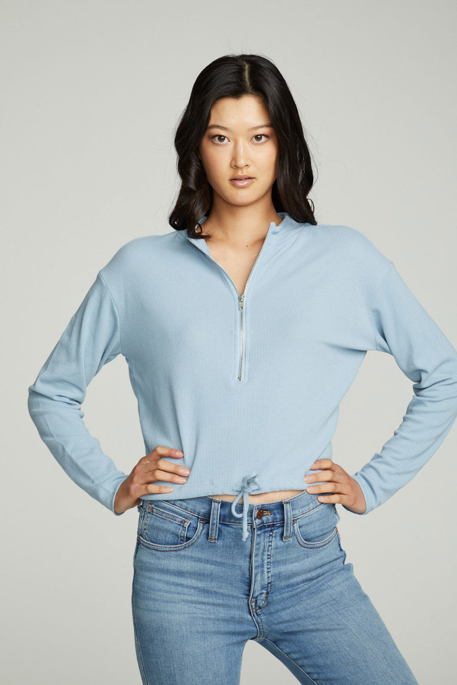 Long Sleeve Zipper Mock Neck Semi Cropped Tee WOMENS chaserbrand