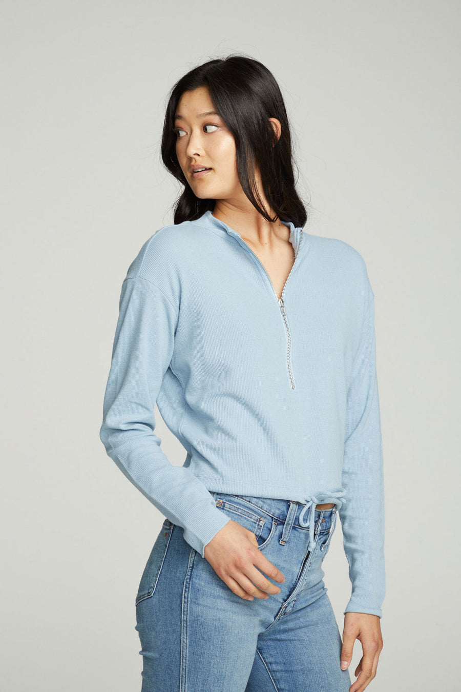 Long Sleeve Zipper Mock Neck Semi Cropped Tee WOMENS chaserbrand