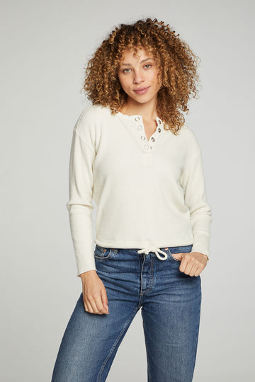 Long Sleeve Snap Henley Drawstring Waist Tee WOMENS chaserbrand