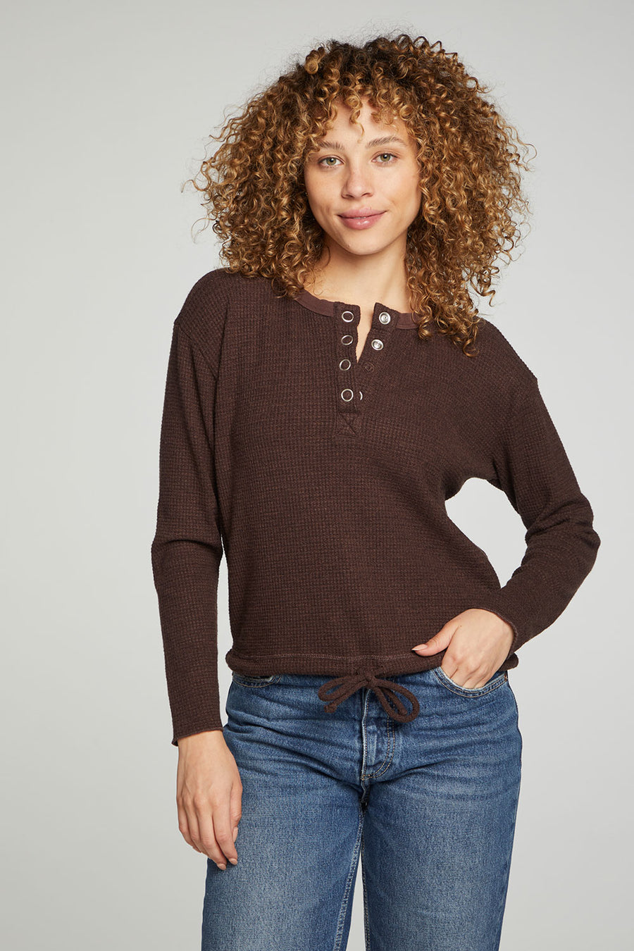 Long Sleeve Snap Henley Drawstring Waist Tee WOMENS chaserbrand