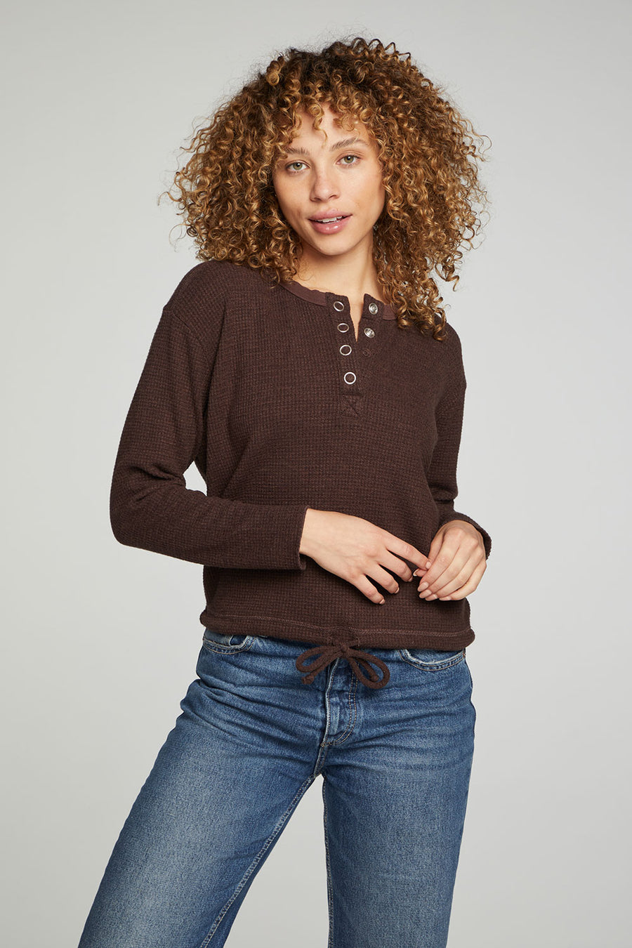 Long Sleeve Snap Henley Drawstring Waist Tee WOMENS chaserbrand