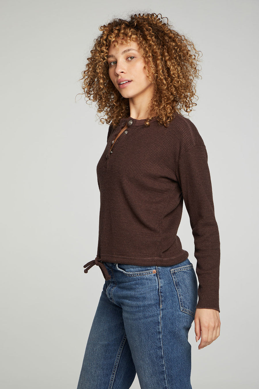 Long Sleeve Snap Henley Drawstring Waist Tee WOMENS chaserbrand