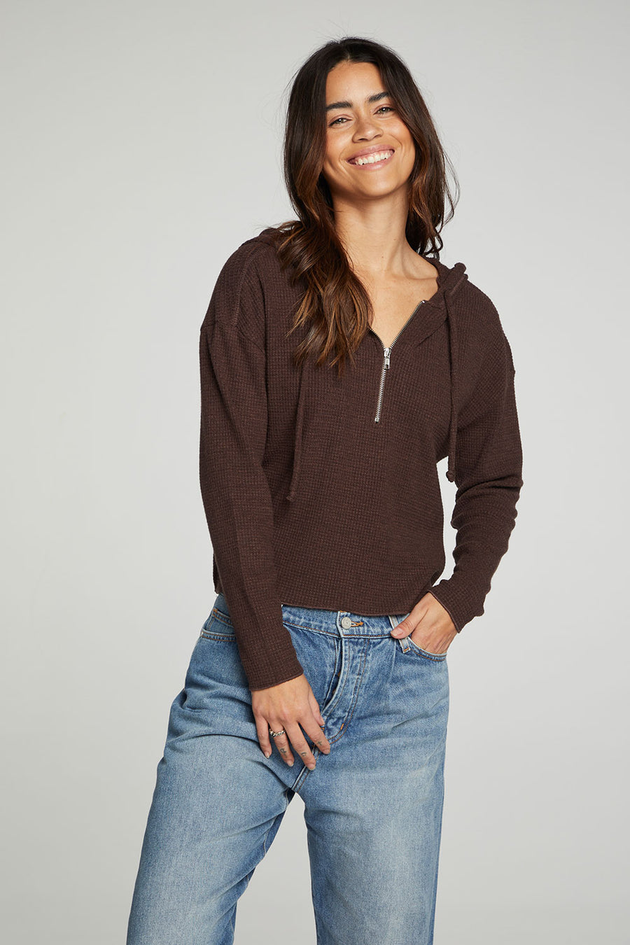 Long Sleeve Semi Cropped Zip Front Hoodie WOMENS chaserbrand