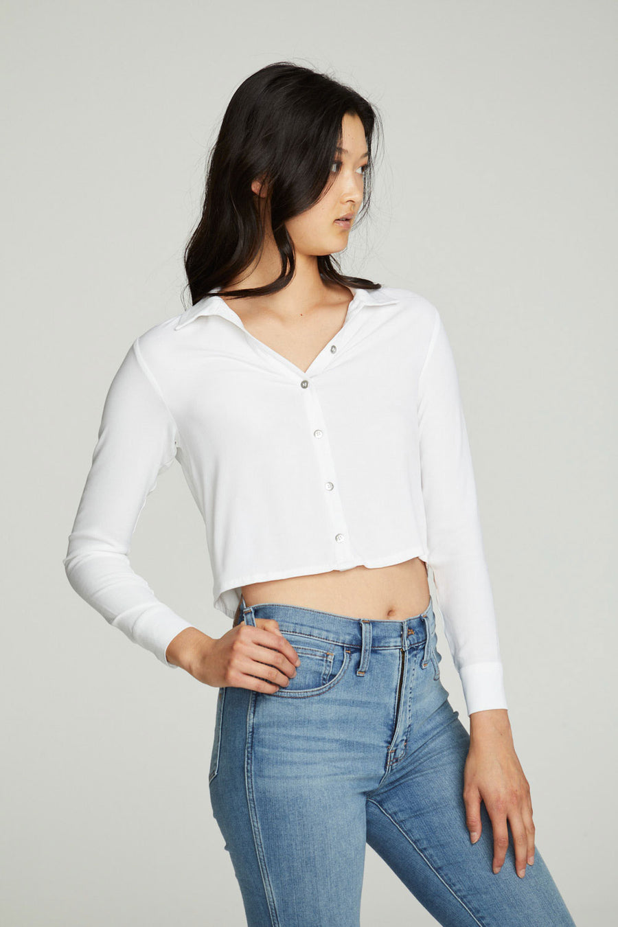Cropped Long Sleeve Button Down Shirt WOMENS chaserbrand