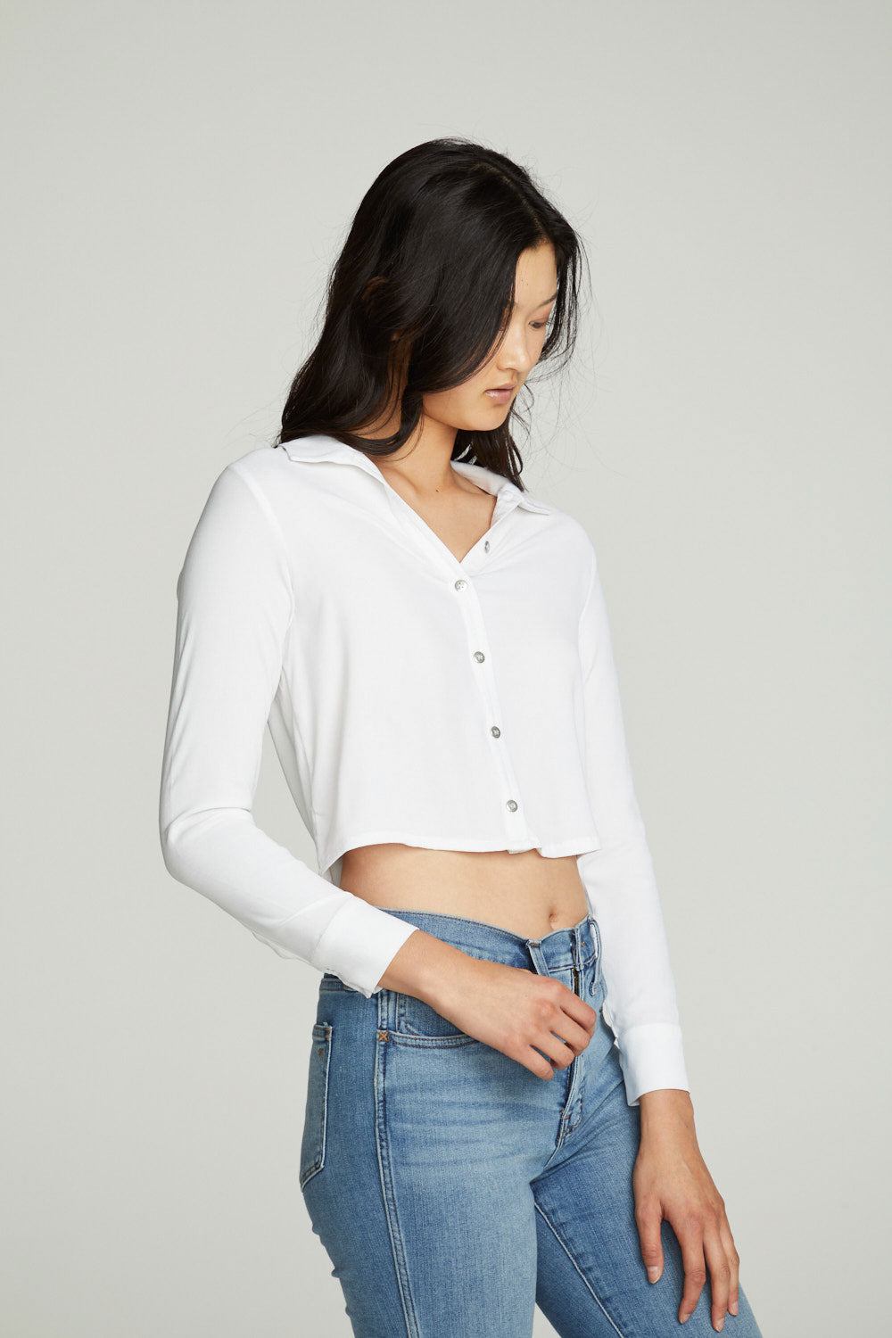 Cropped Long Sleeve Button Down Shirt WOMENS chaserbrand