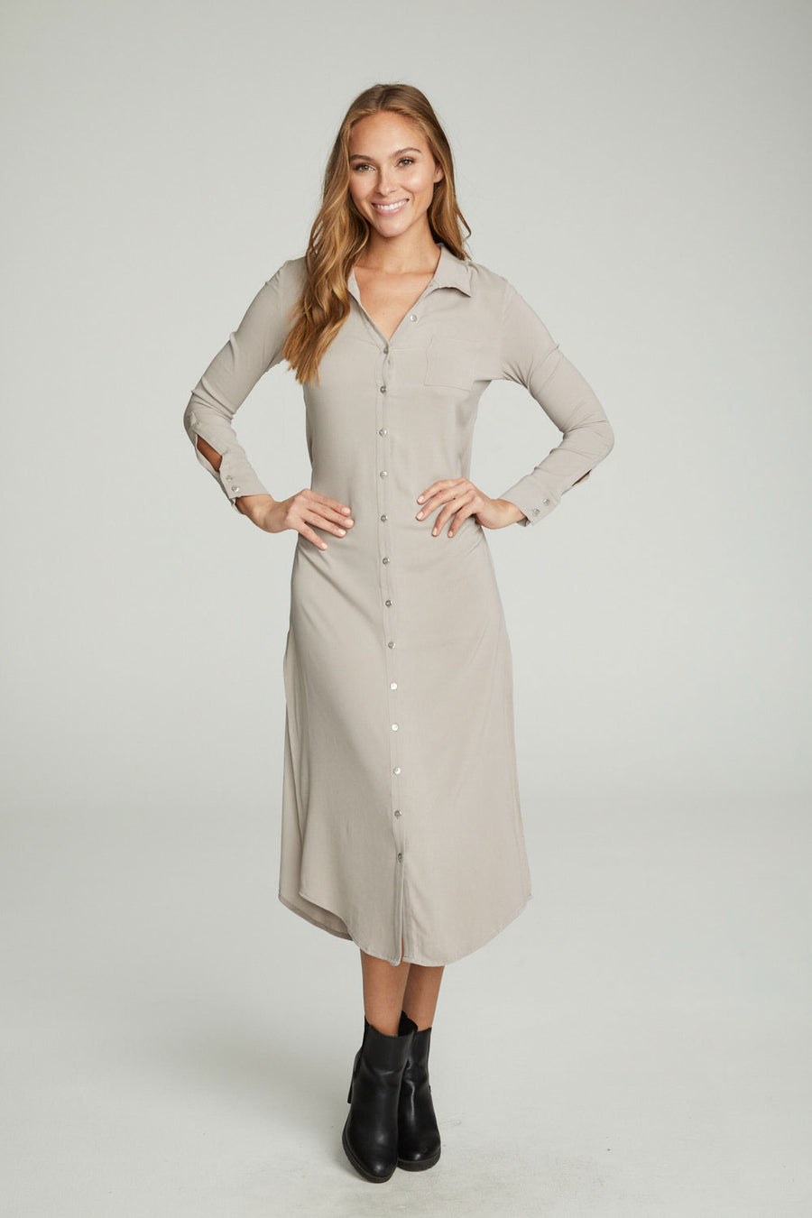 Long Sleeve Button Down Shirttail Maxi Skirt WOMENS chaserbrand