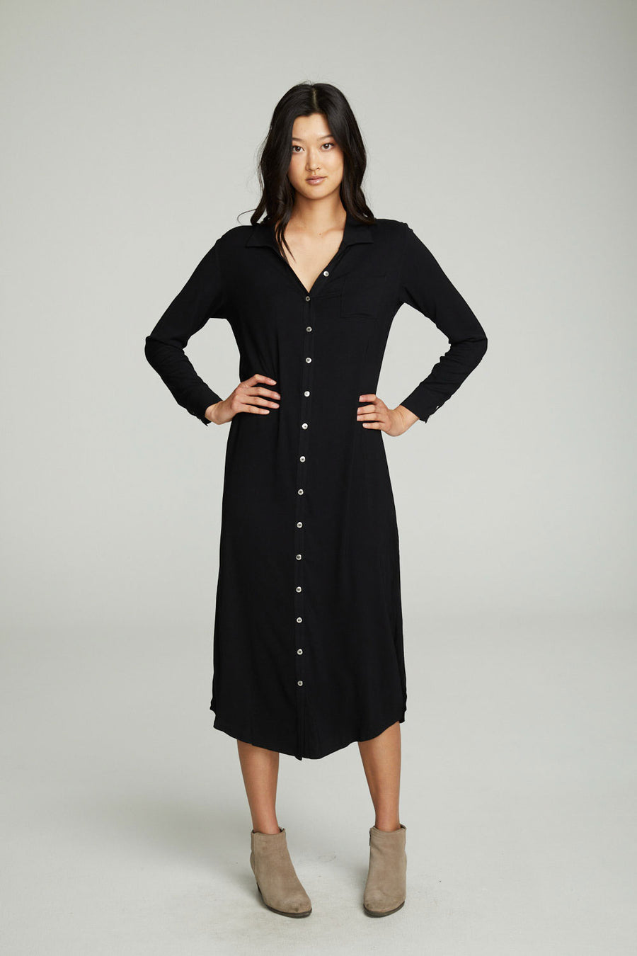 Long Sleeve Button Down Shirttail Maxi Skirt WOMENS chaserbrand