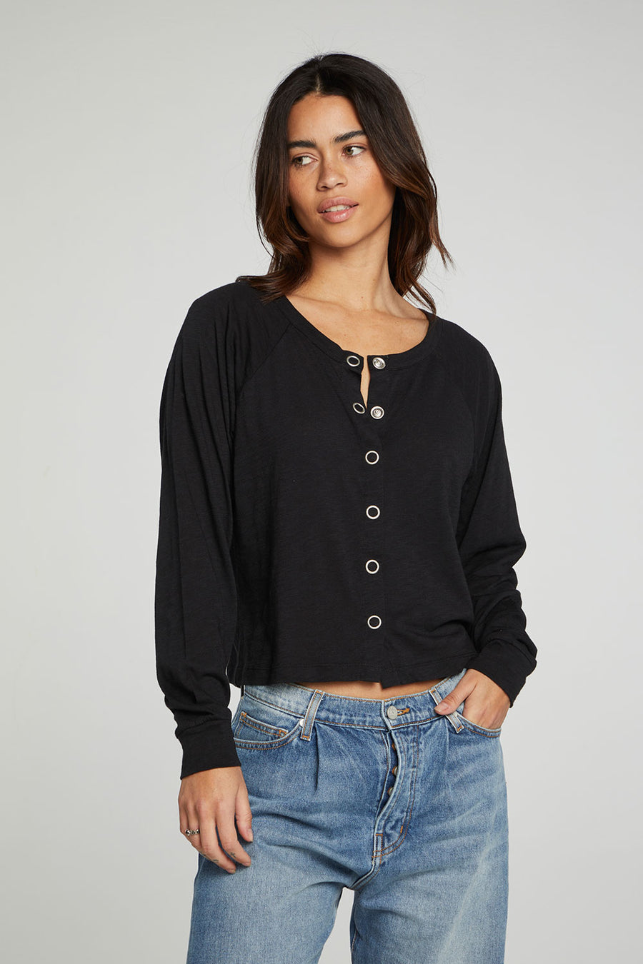 Long Sleeve Snap Front Raglan Tee WOMENS chaserbrand
