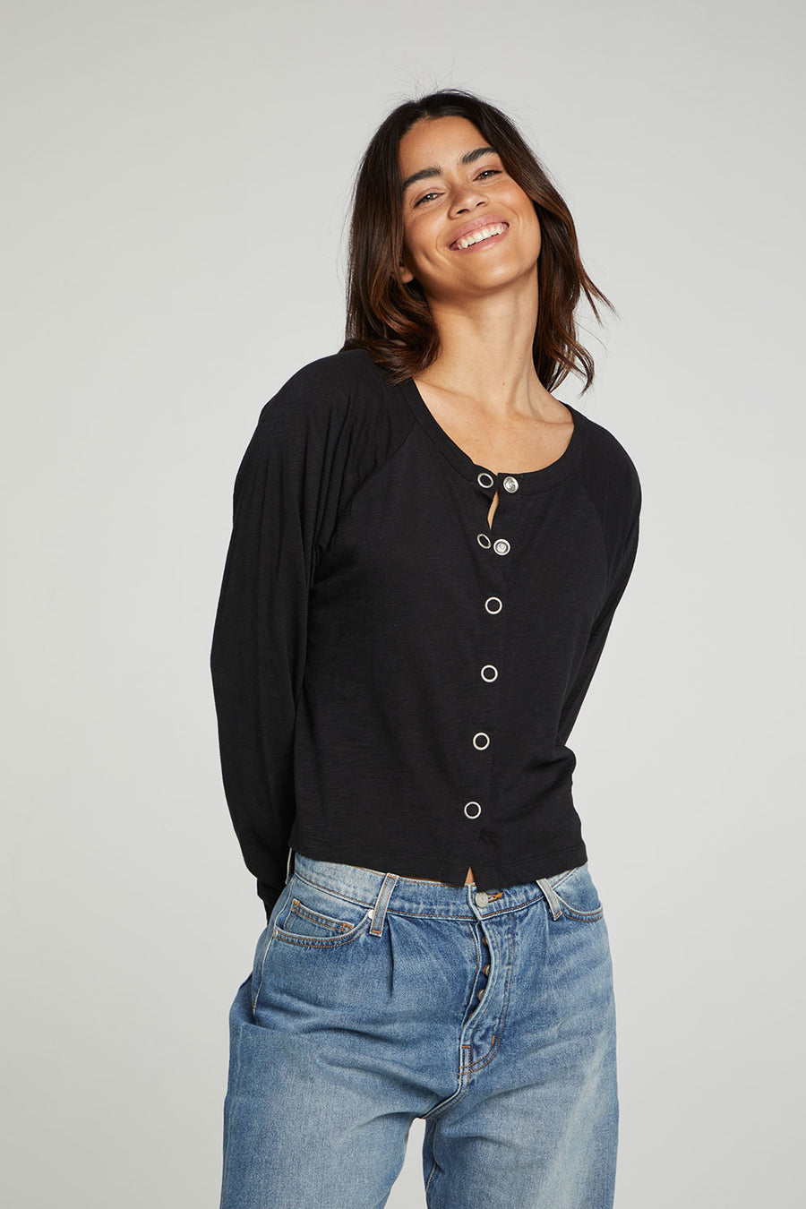 Long Sleeve Snap Front Raglan Tee WOMENS chaserbrand