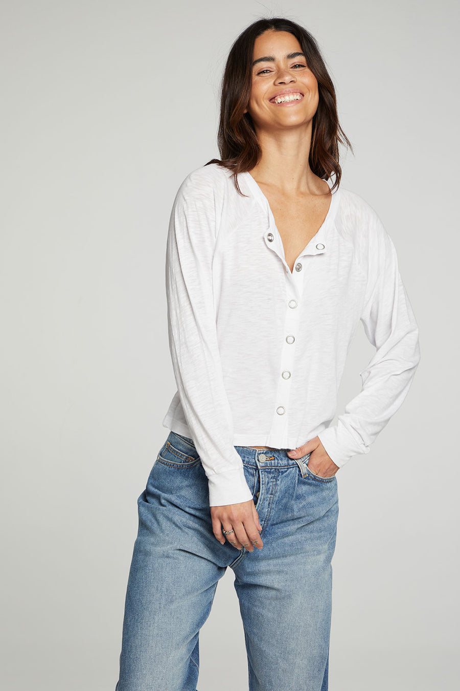 Long Sleeve Snap Front Raglan Tee WOMENS chaserbrand