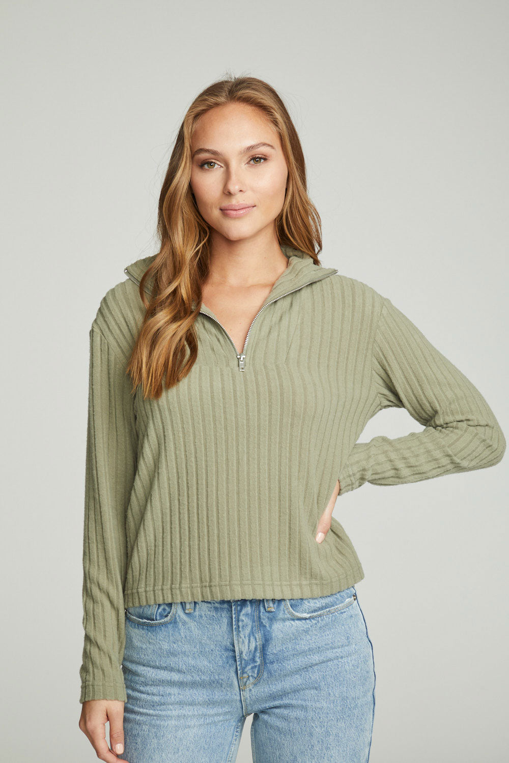 Zip Up Mock Neck Long Sleeve Pullover WOMENS chaserbrand