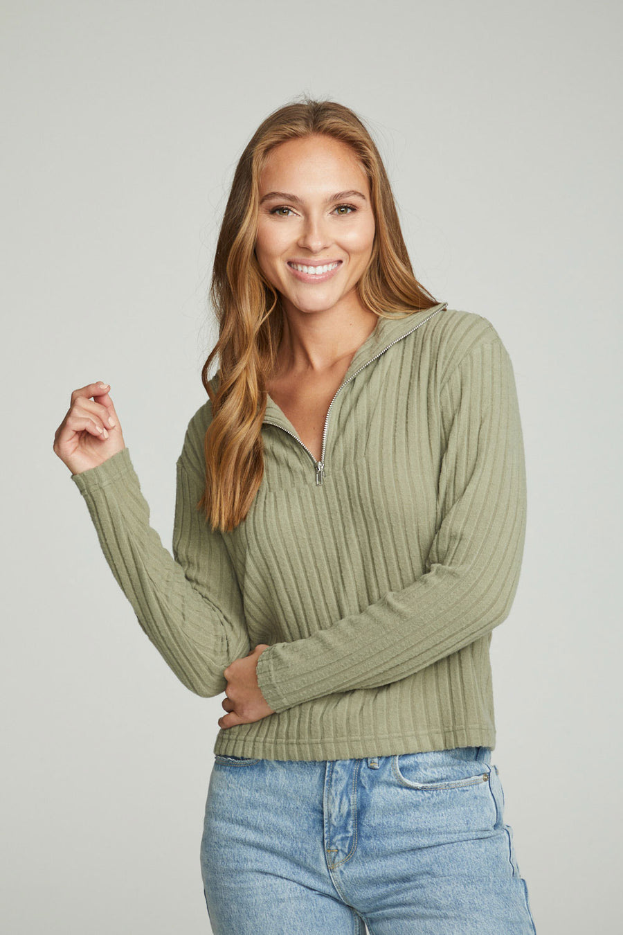 Zip Up Mock Neck Long Sleeve Pullover WOMENS chaserbrand