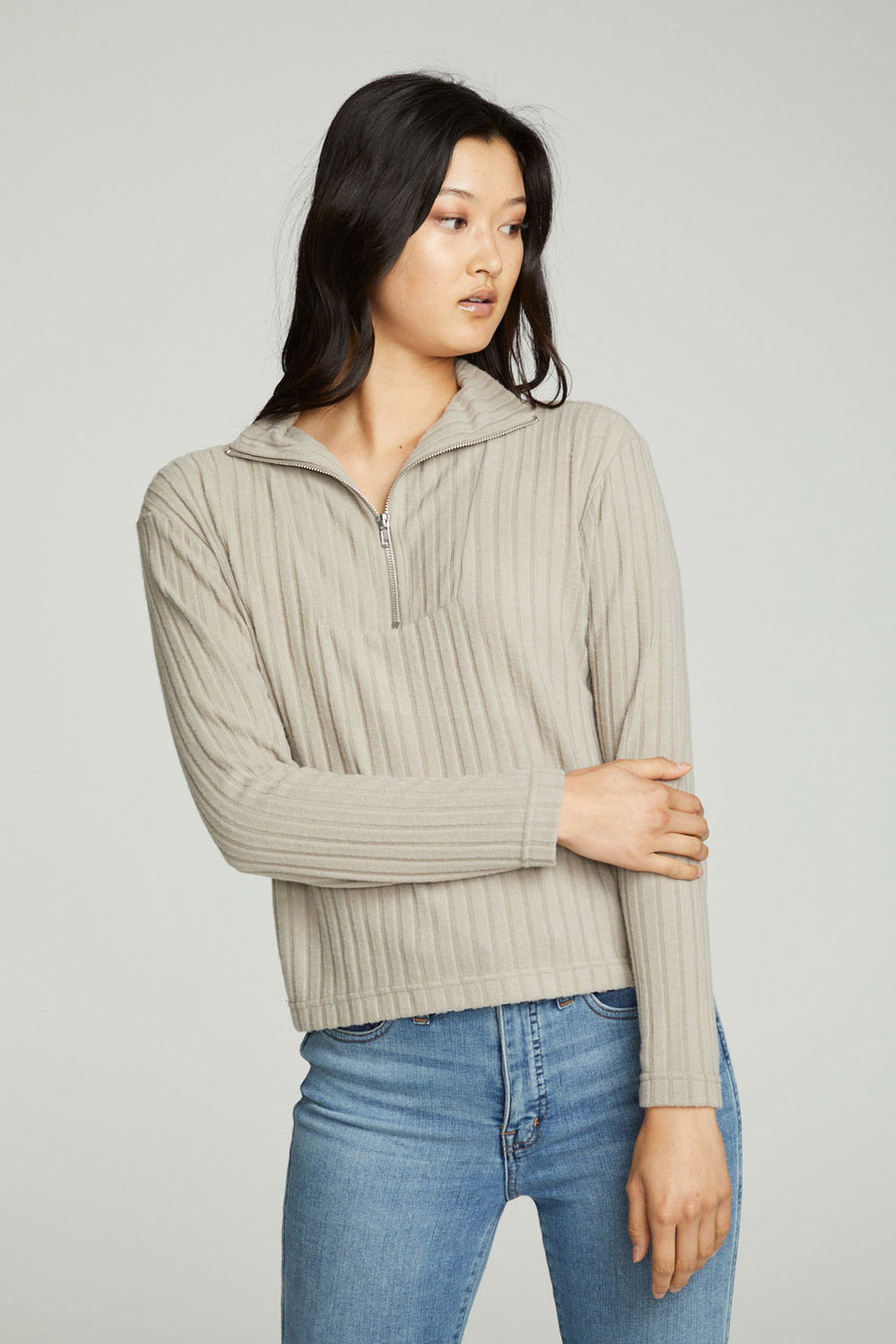 Zip Up Mock Neck Long Sleeve Pullover WOMENS chaserbrand