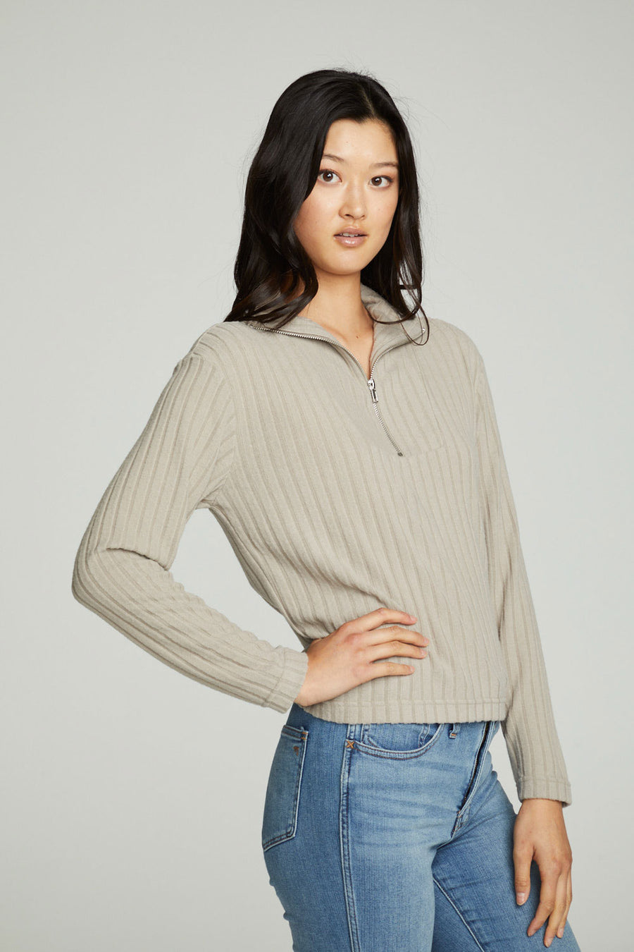 Zip Up Mock Neck Long Sleeve Pullover WOMENS chaserbrand