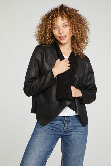Faux Suede Shearling Reversible Long Sleeve Waterfall Neck Jacket WOMENS chaserbrand