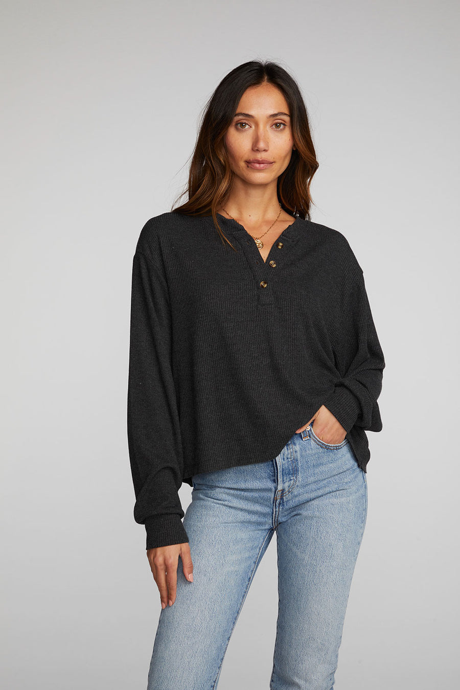 Recycled Love Rib Long Sleeve Henley with Deconstructed Hem Womens chaserbrand