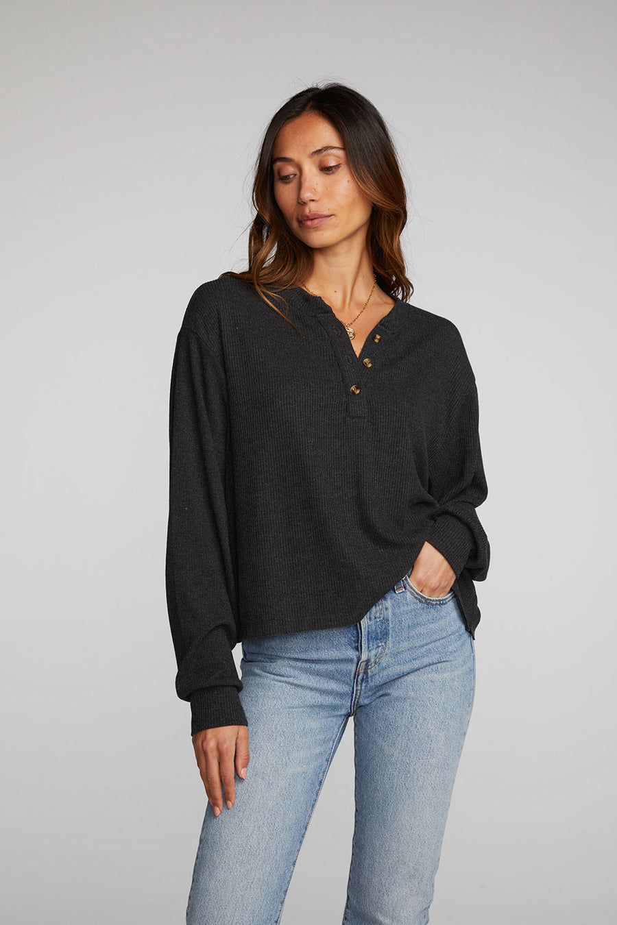 Recycled Love Rib Long Sleeve Henley with Deconstructed Hem Womens chaserbrand