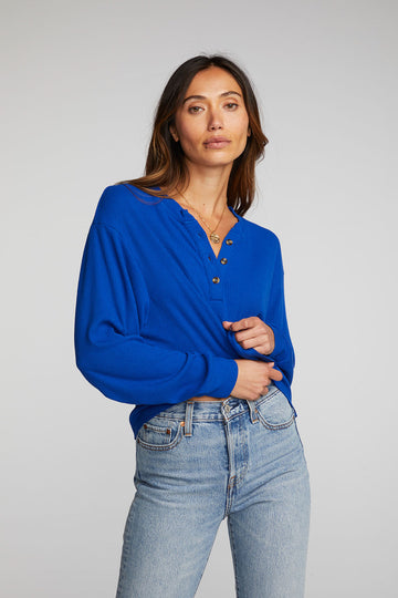 Recycled Love Rib Long Sleeve Henley with Deconstructed Hem Womens chaserbrand