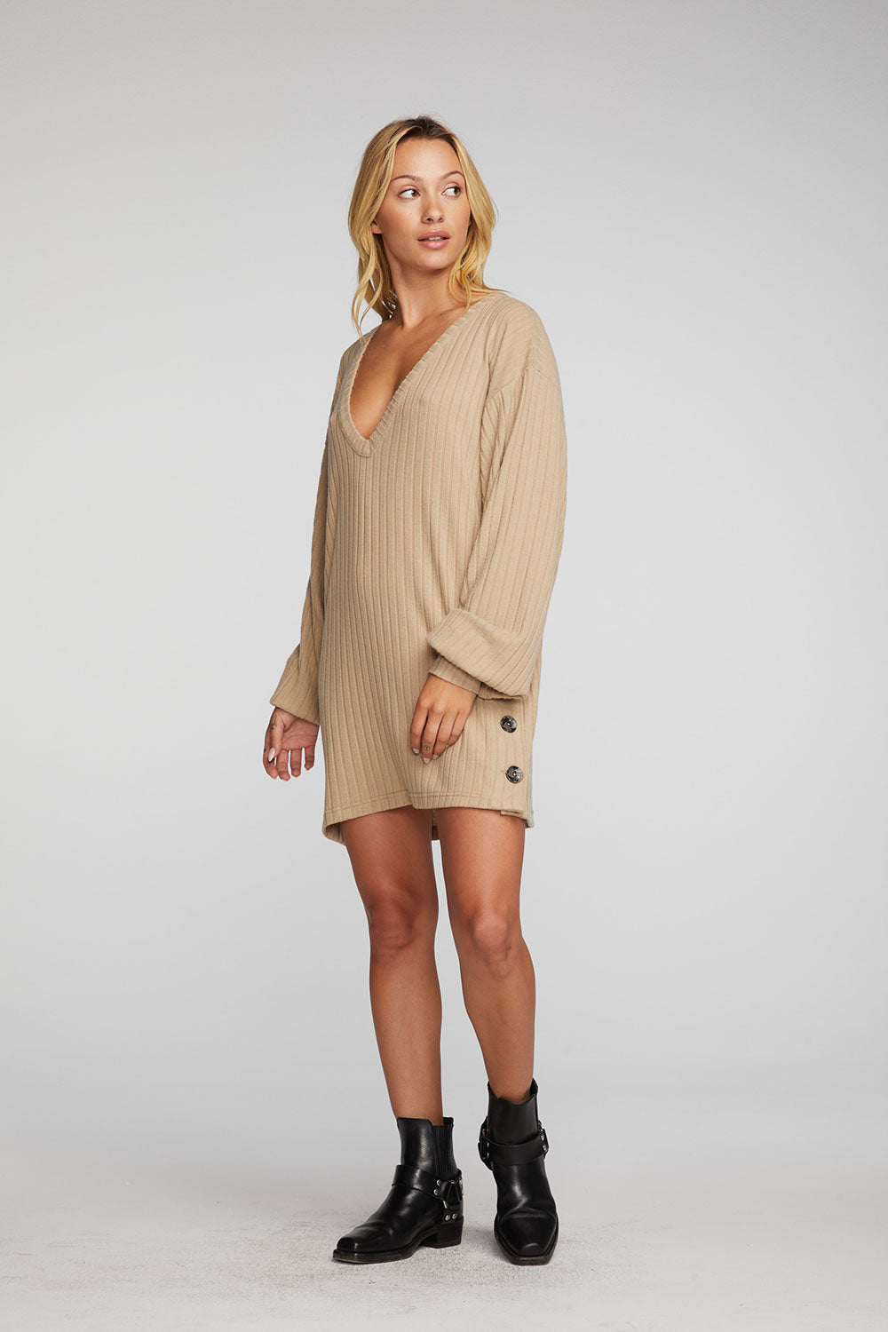 Poor Boy Rib V-neck Tunic with Button Side Seam Womens chaserbrand