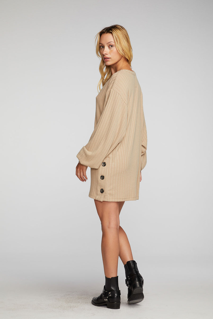 Poor Boy Rib V-neck Tunic with Button Side Seam Womens chaserbrand
