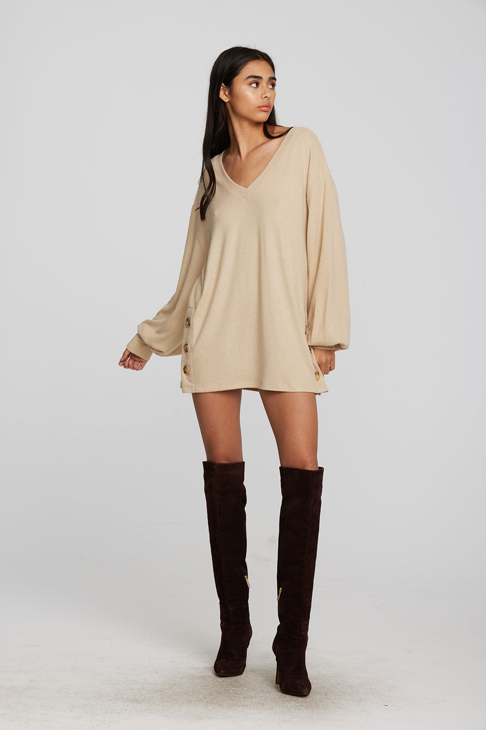 Recycled Bliss Knit V-neck Tunic with Button Side Seam Womens chaserbrand