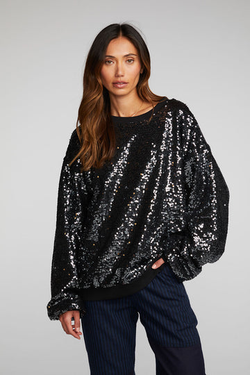 Cotton Fleece Allover Sequin Crewneck Pullover Womens chaserbrand