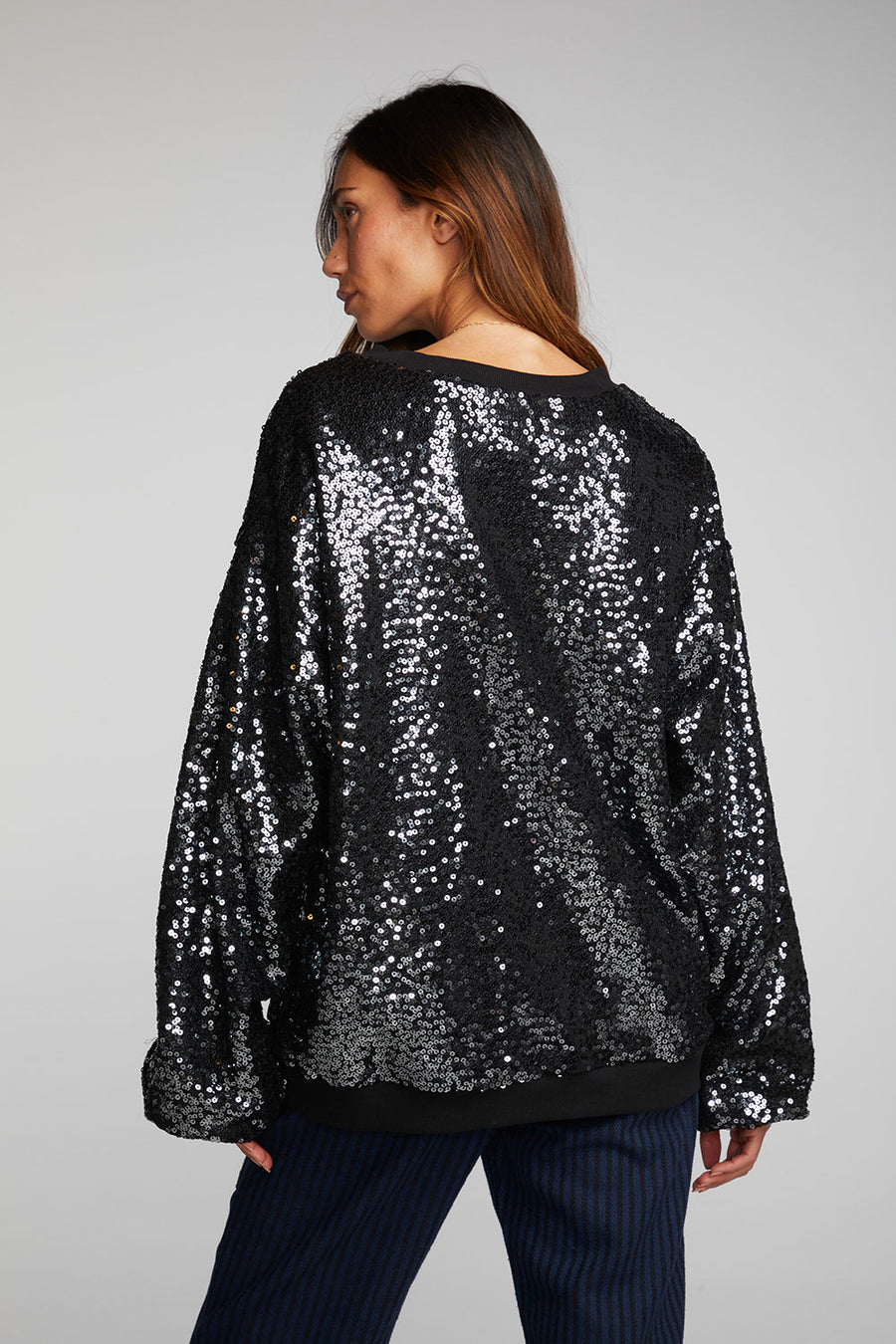 Cotton Fleece Allover Sequin Crewneck Pullover Womens chaserbrand