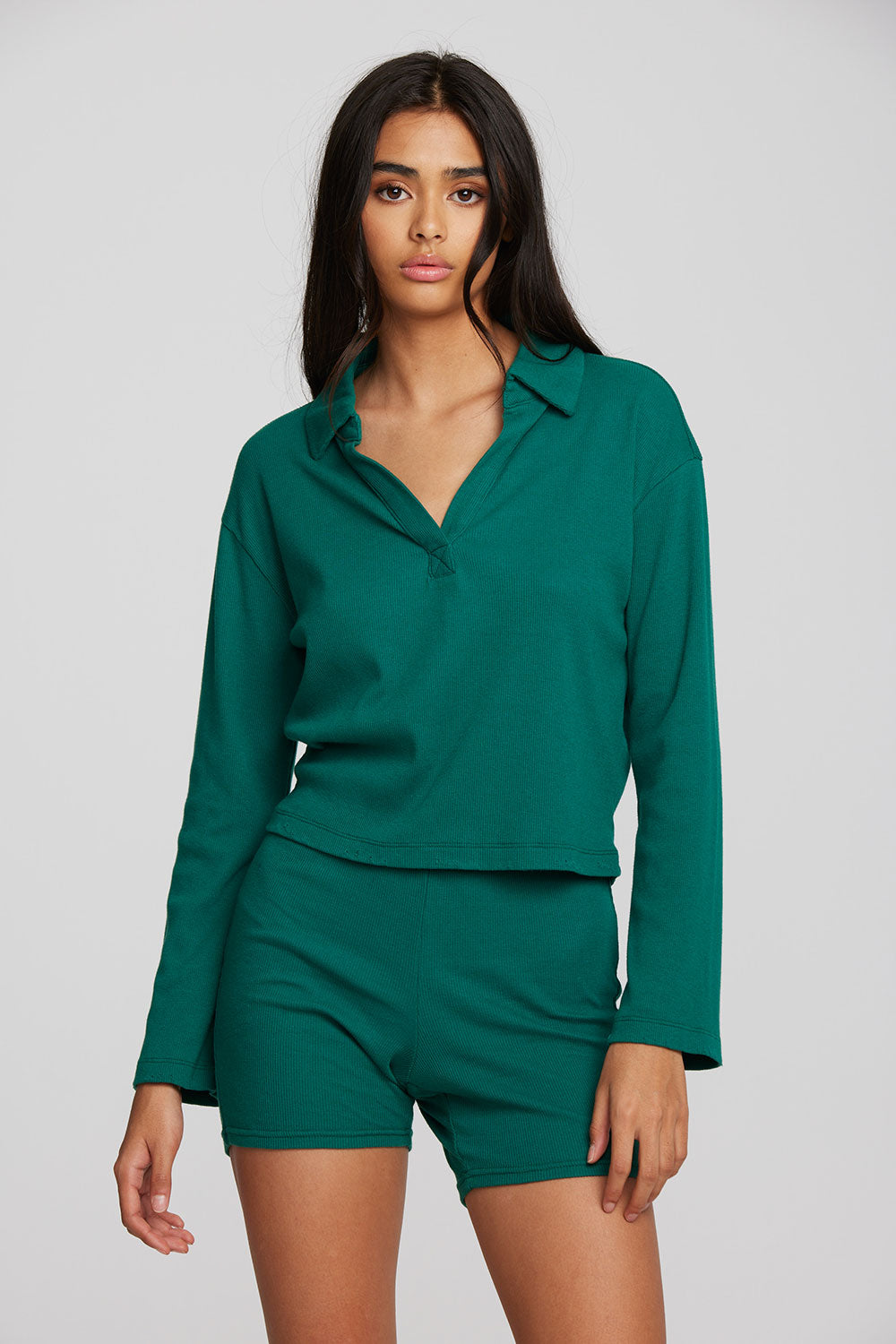 Recycled Vintage Rib Cropped Polo with Distressed Detail Long Sleeve Womens chaserbrand