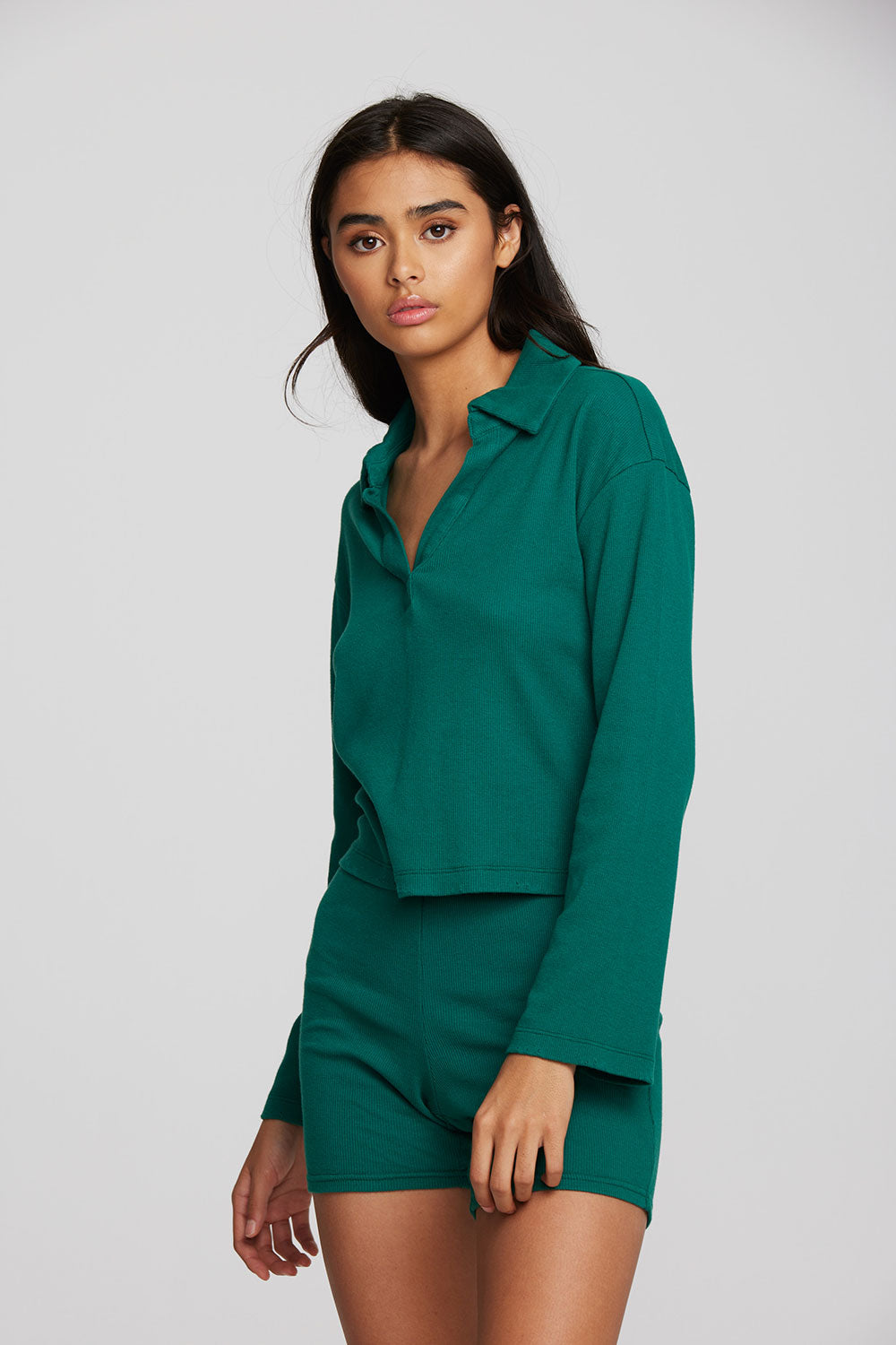 Recycled Vintage Rib Cropped Polo with Distressed Detail Long Sleeve Womens chaserbrand