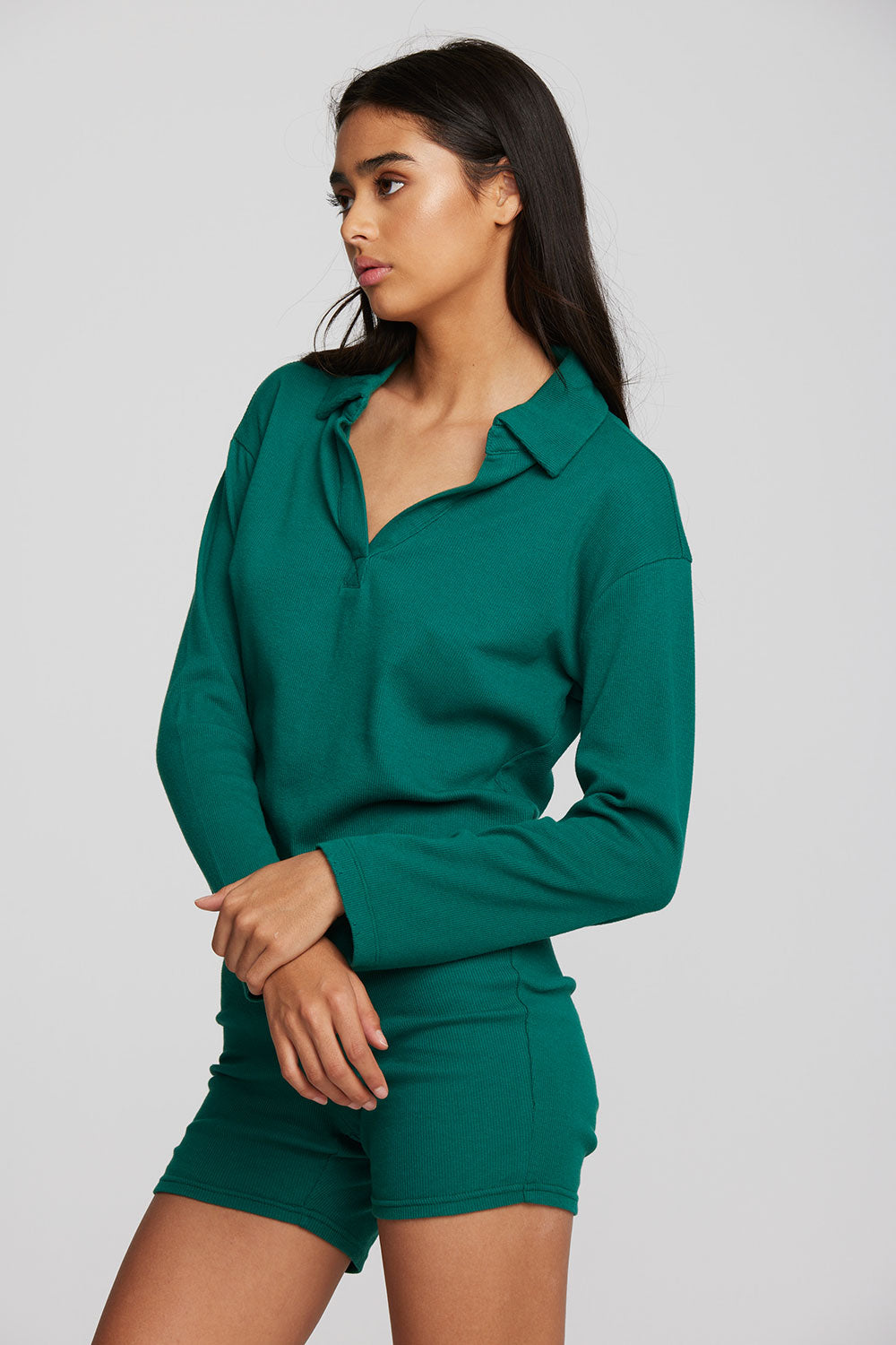 Recycled Vintage Rib Cropped Polo with Distressed Detail Long Sleeve Womens chaserbrand