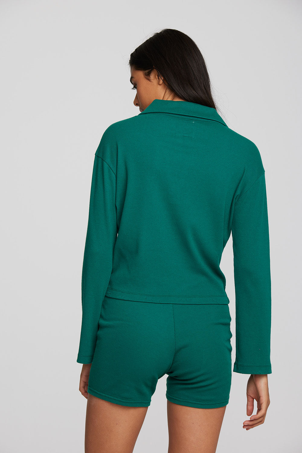 Recycled Vintage Rib Cropped Polo with Distressed Detail Long Sleeve Womens chaserbrand