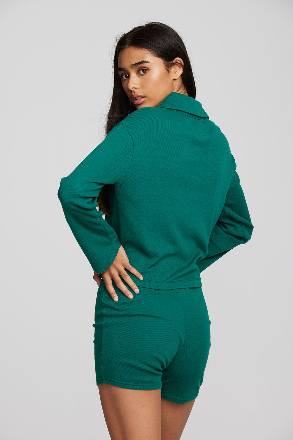 Recycled Vintage Rib Cropped Polo with Distressed Detail Long Sleeve Womens chaserbrand