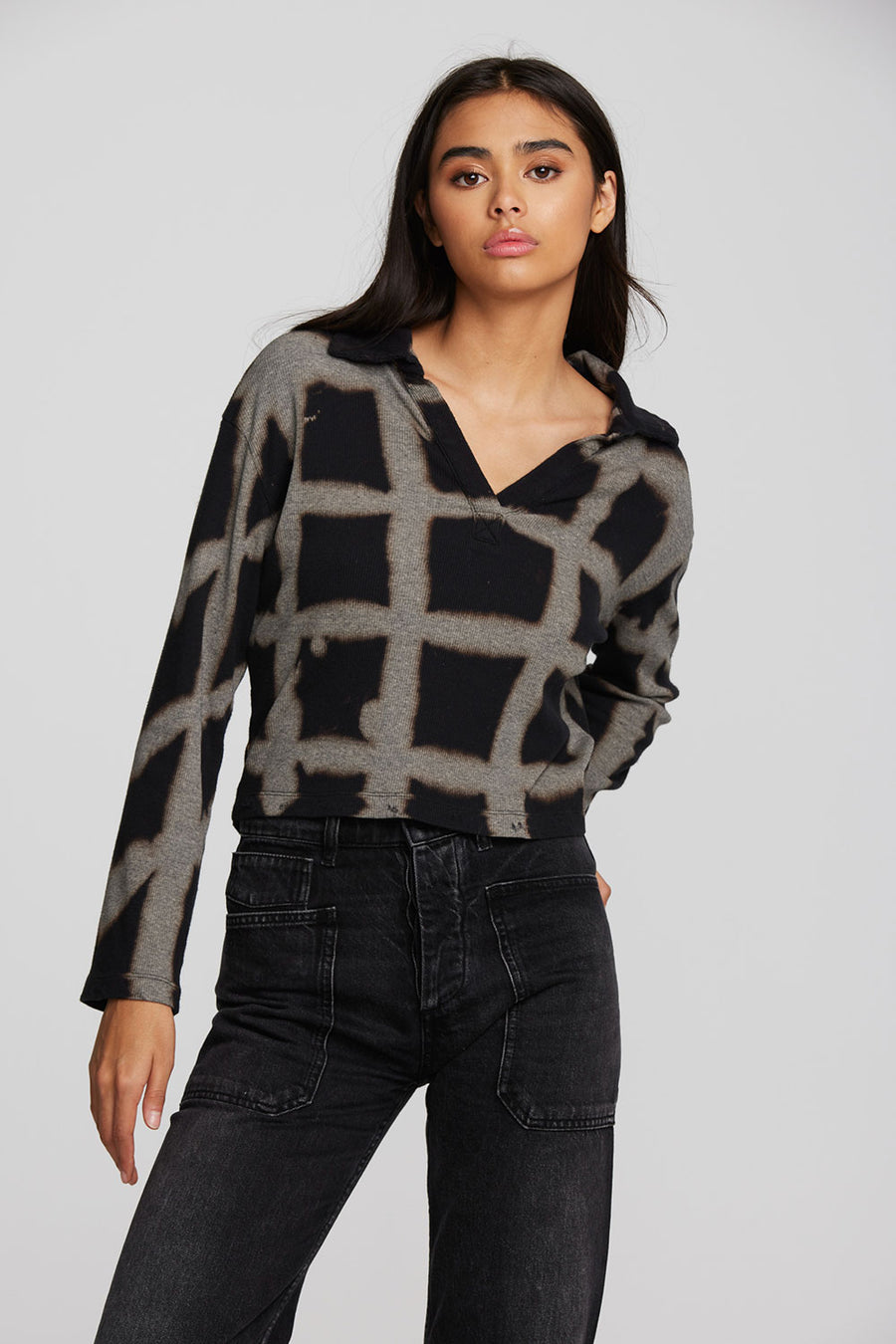 Recycled Vintage Rib Cropped Polo with Distressed Detail Long Sleeve Womens chaserbrand