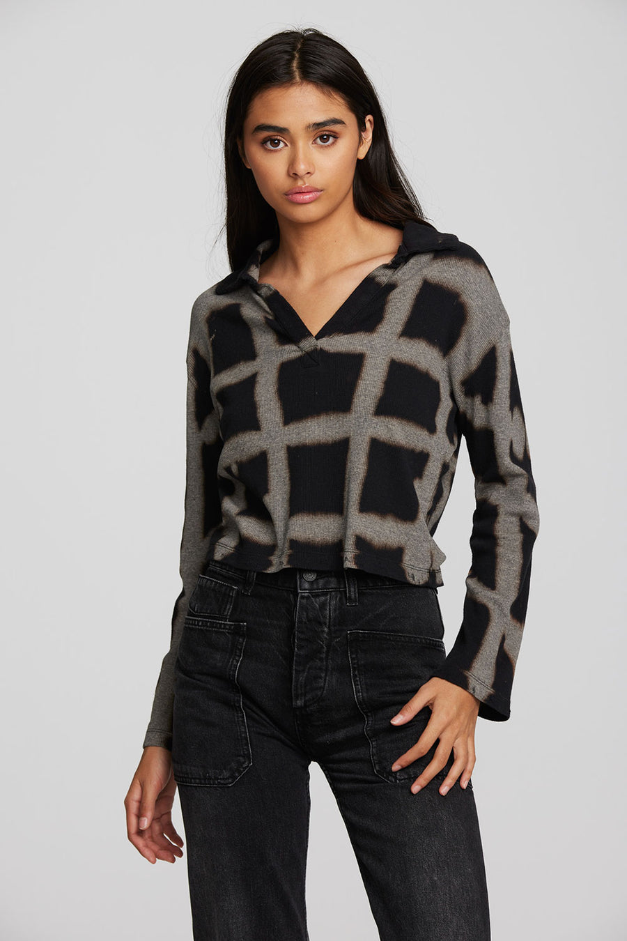 Recycled Vintage Rib Cropped Polo with Distressed Detail Long Sleeve Womens chaserbrand