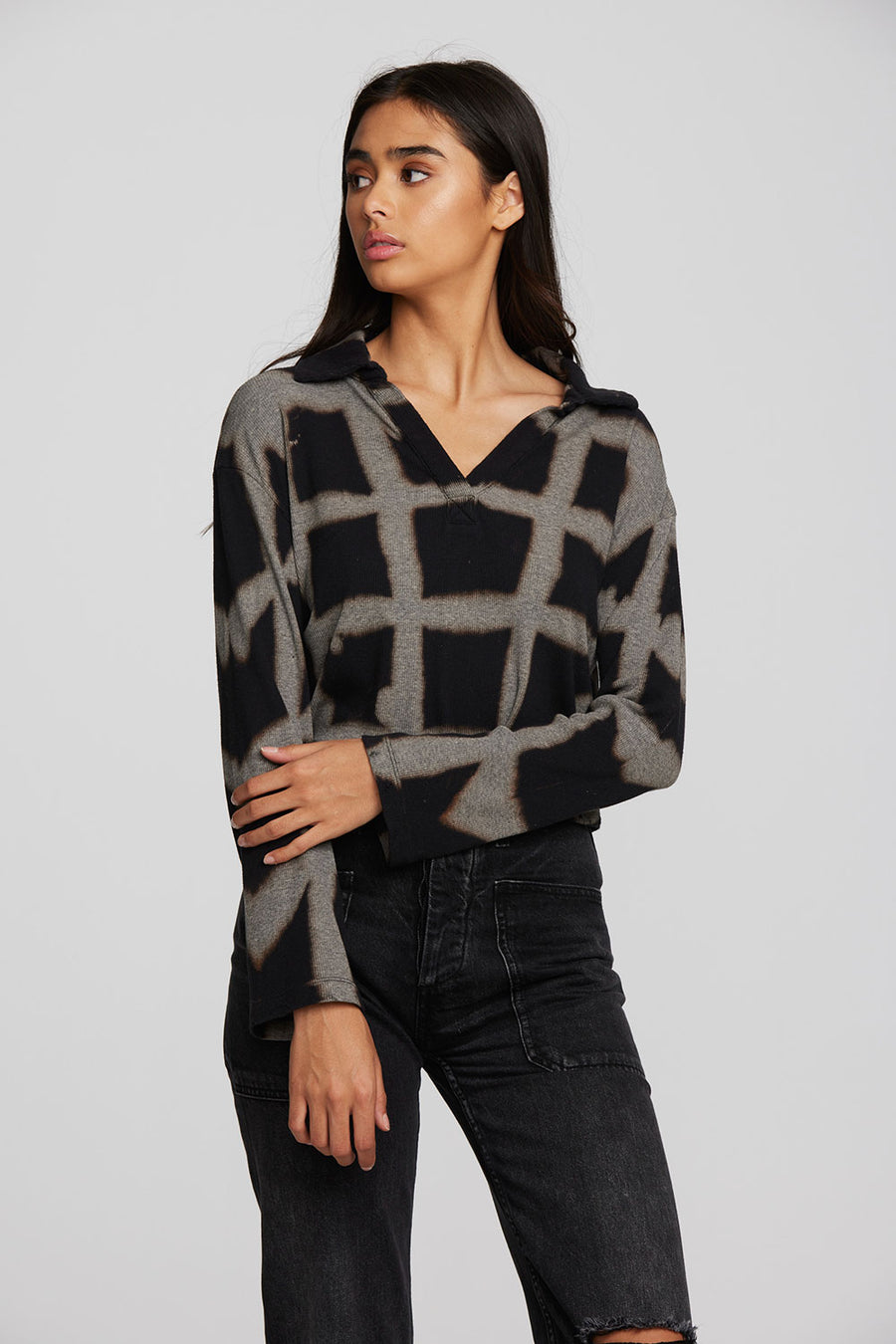 Recycled Vintage Rib Cropped Polo with Distressed Detail Long Sleeve Womens chaserbrand