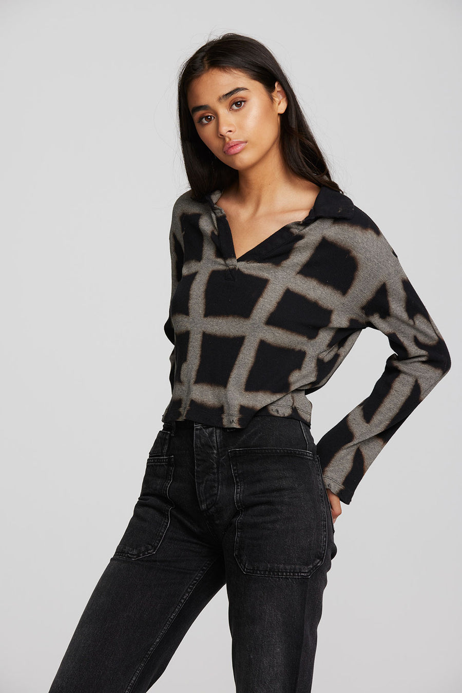 Recycled Vintage Rib Cropped Polo with Distressed Detail Long Sleeve Womens chaserbrand