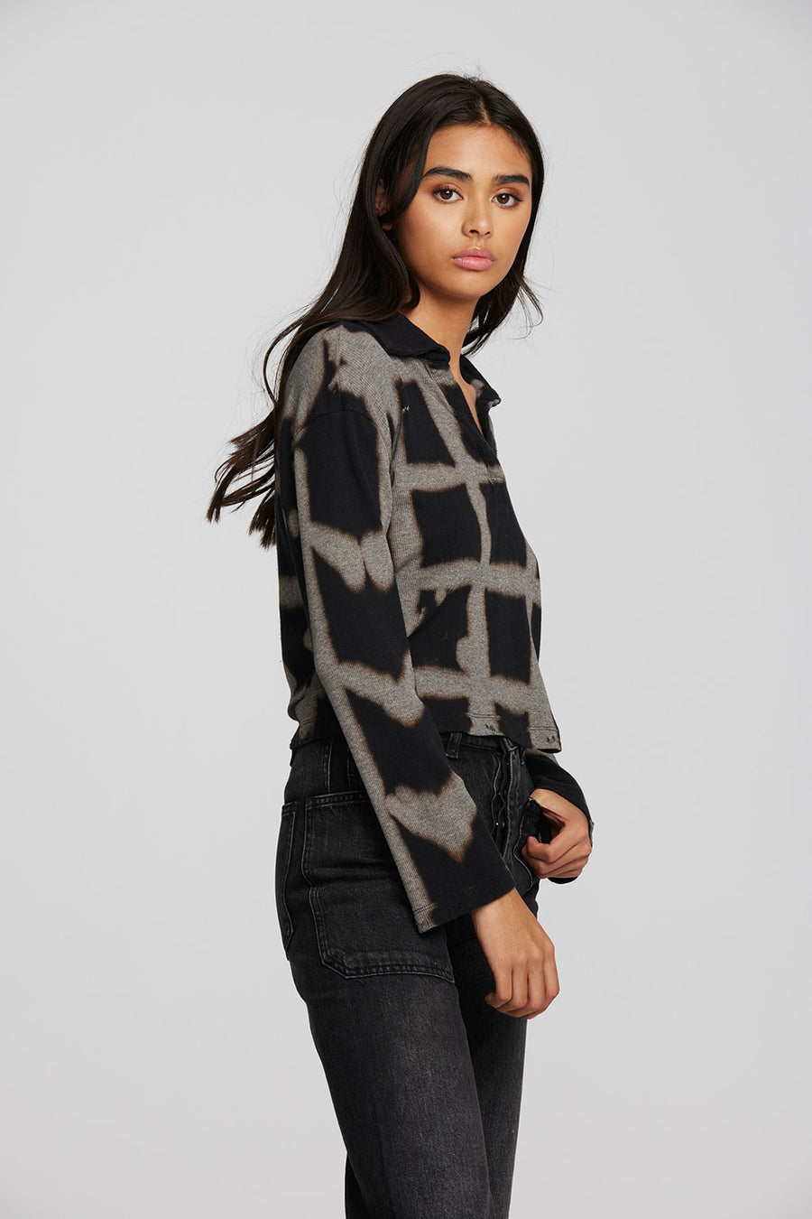 Recycled Vintage Rib Cropped Polo with Distressed Detail Long Sleeve Womens chaserbrand
