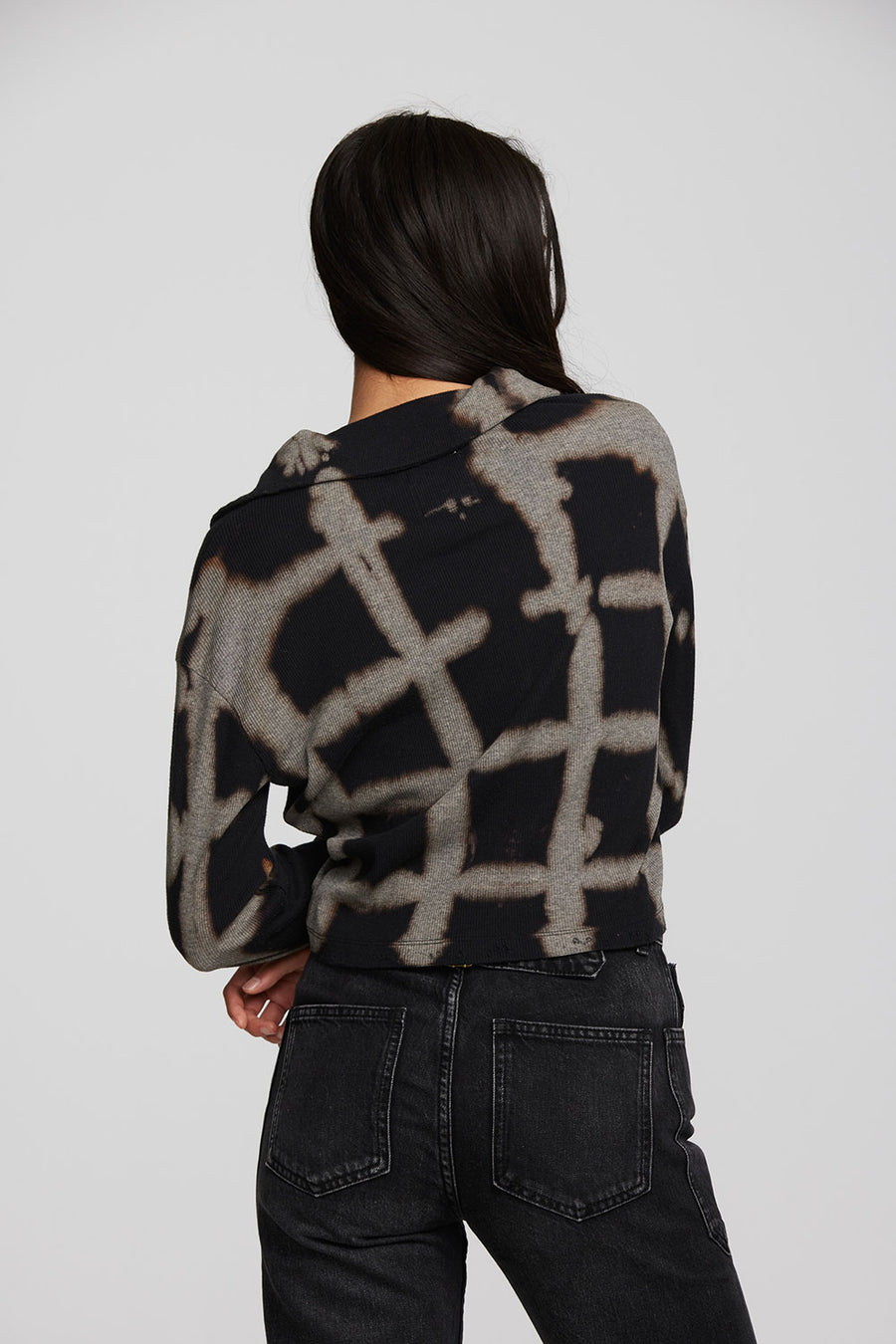 Recycled Vintage Rib Cropped Polo with Distressed Detail Long Sleeve Womens chaserbrand