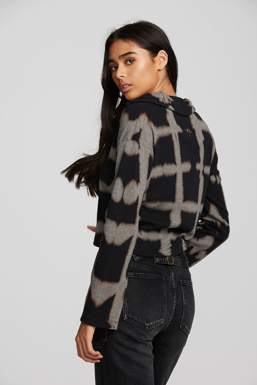 Recycled Vintage Rib Cropped Polo with Distressed Detail Long Sleeve Womens chaserbrand