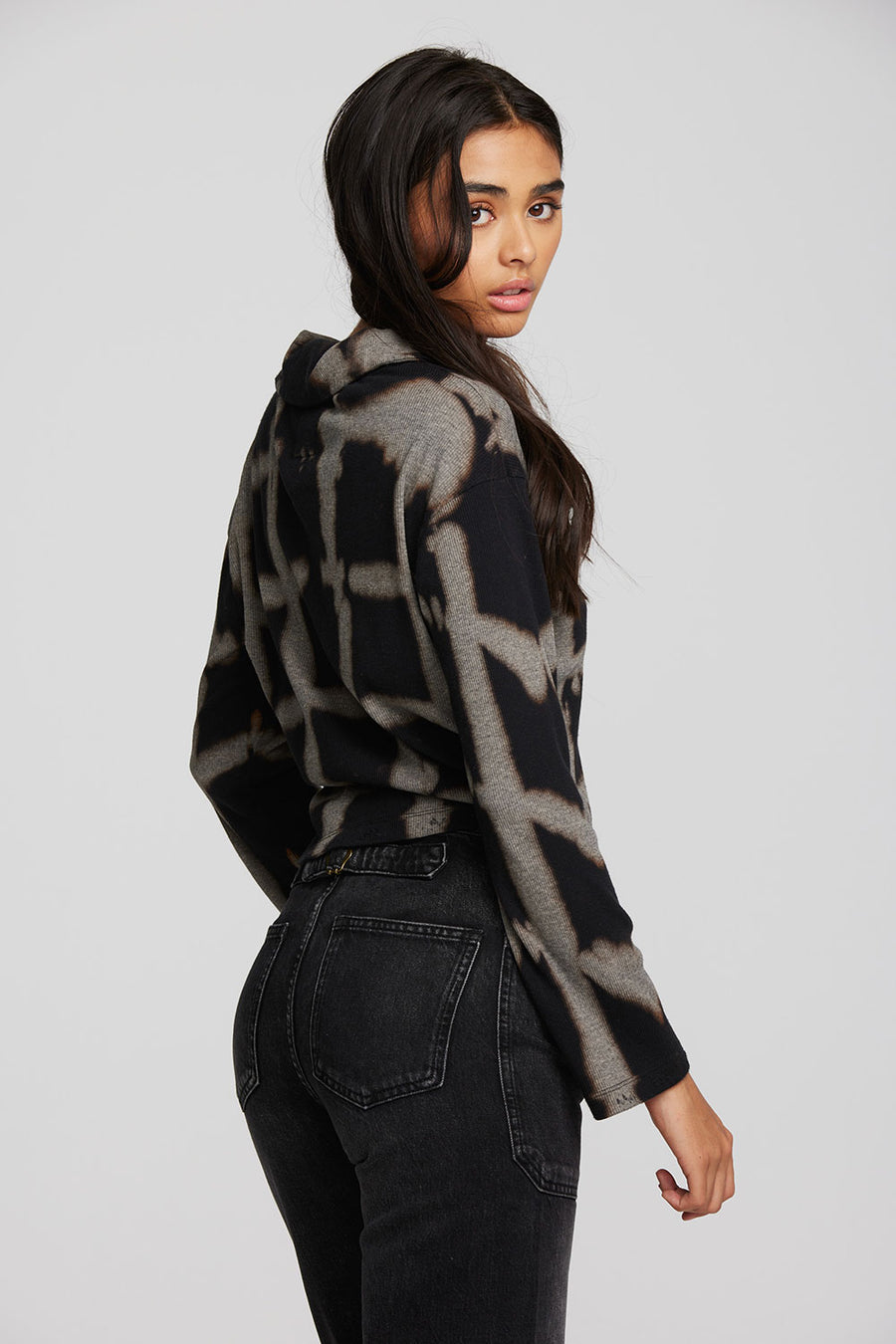 Recycled Vintage Rib Cropped Polo with Distressed Detail Long Sleeve Womens chaserbrand