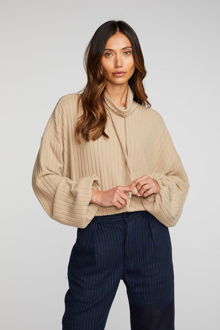 Poor Boy Rib Knit Cropped Pullover with Elastic Waist & Sleeve Womens chaserbrand