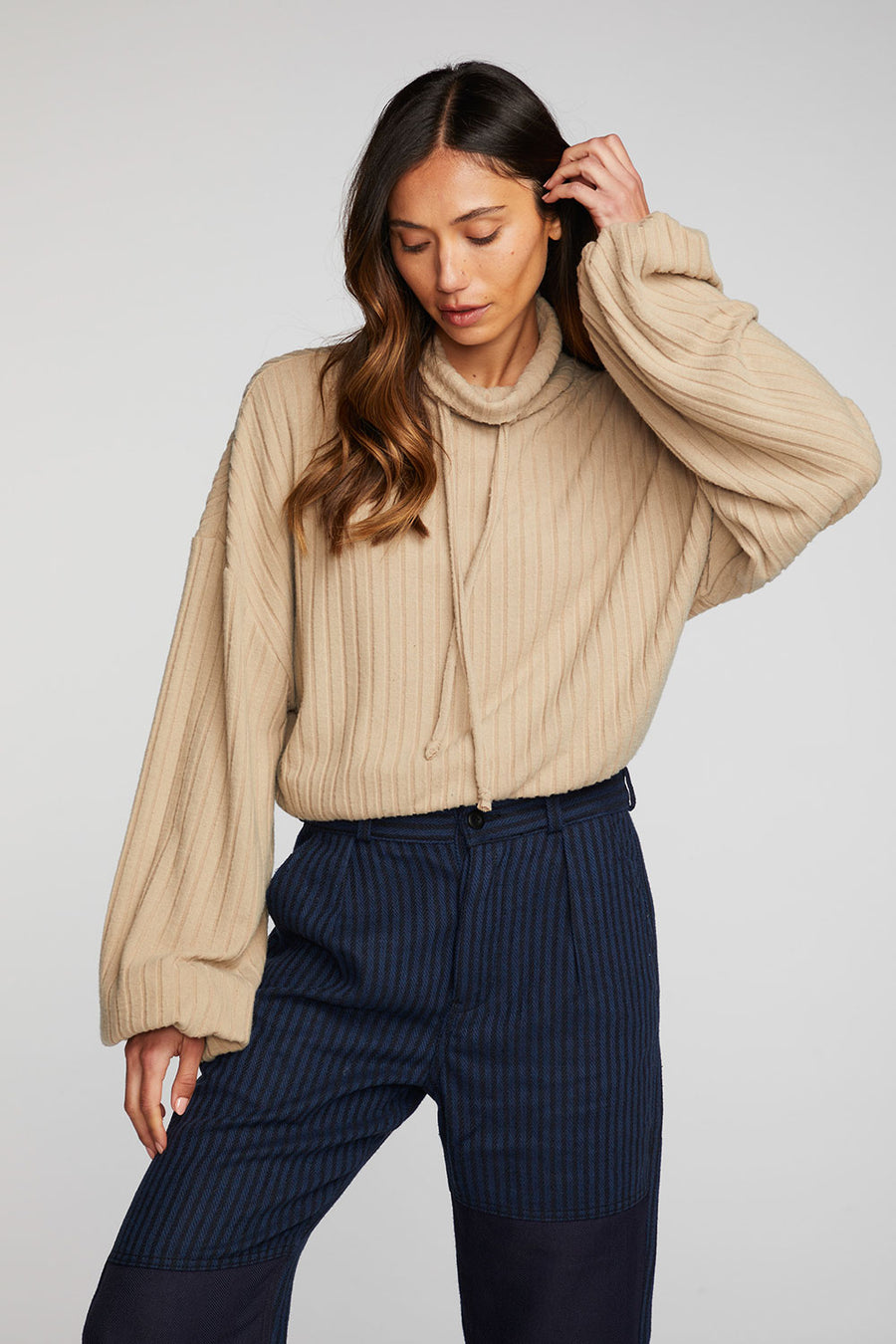 Poor Boy Rib Knit Cropped Pullover with Elastic Waist & Sleeve Womens chaserbrand