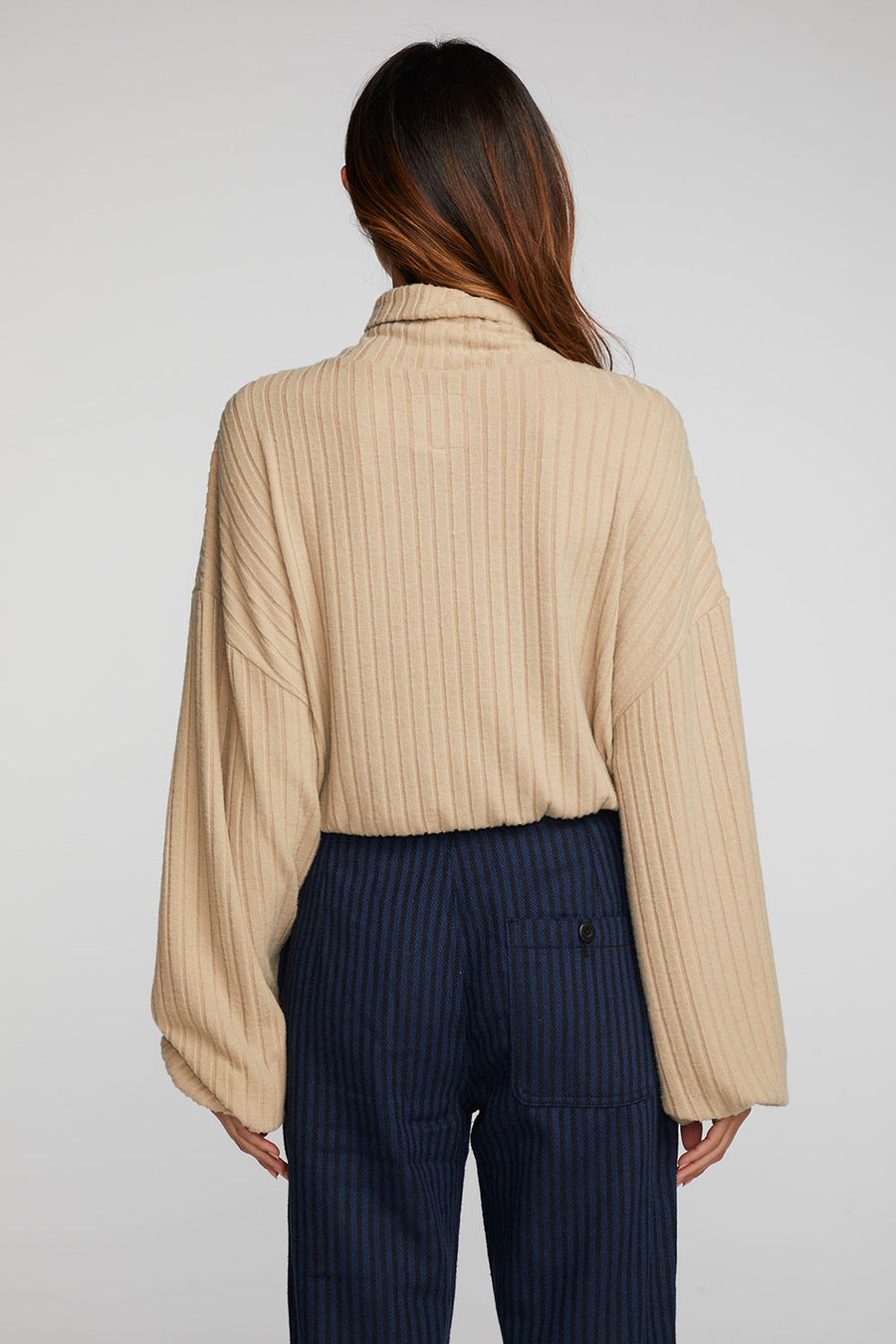 Poor Boy Rib Knit Cropped Pullover with Elastic Waist & Sleeve Womens chaserbrand