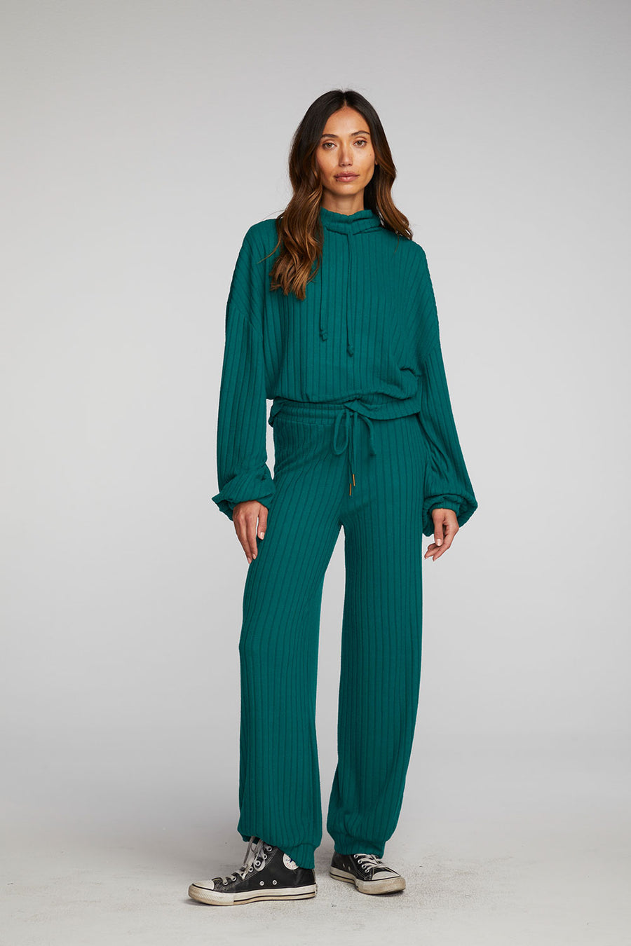 Poor Boy Rib Knit Cropped Pullover with Elastic Waist & Sleeve Womens chaserbrand