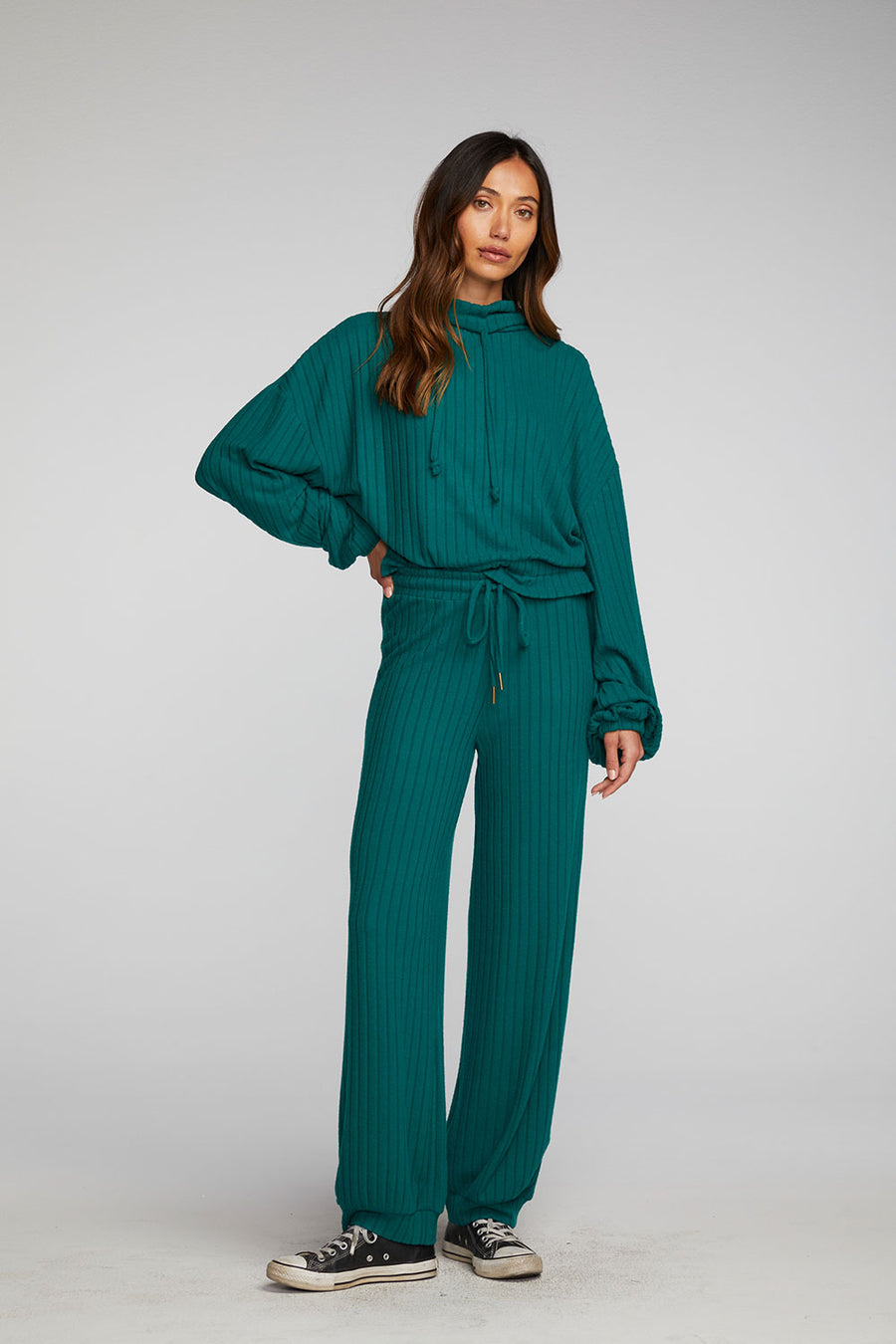 Poor Boy Rib Knit Cropped Pullover with Elastic Waist & Sleeve Womens chaserbrand