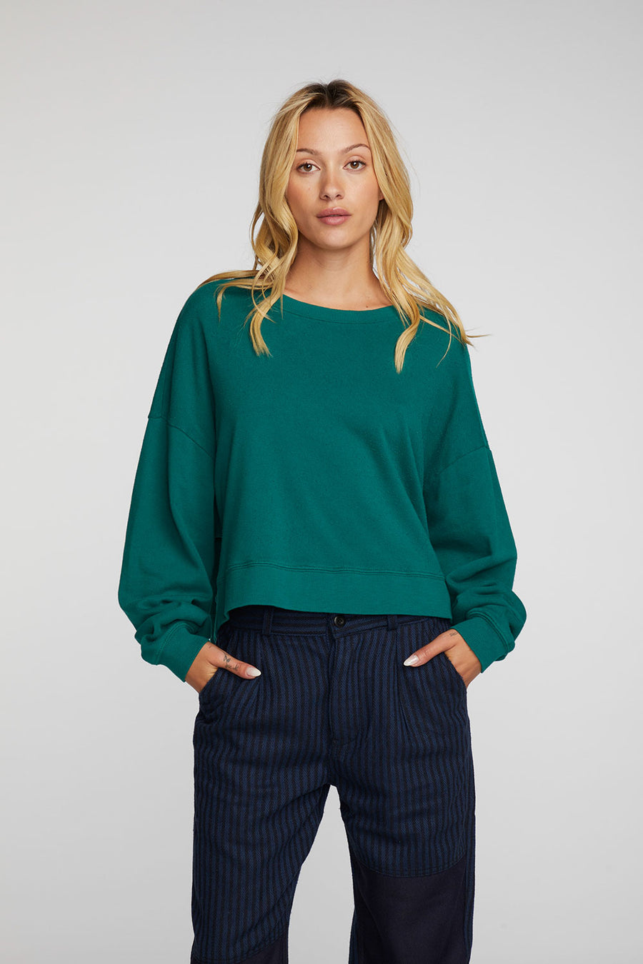 Cotton Fleece Crewneck Pullover with Rib Womens chaserbrand
