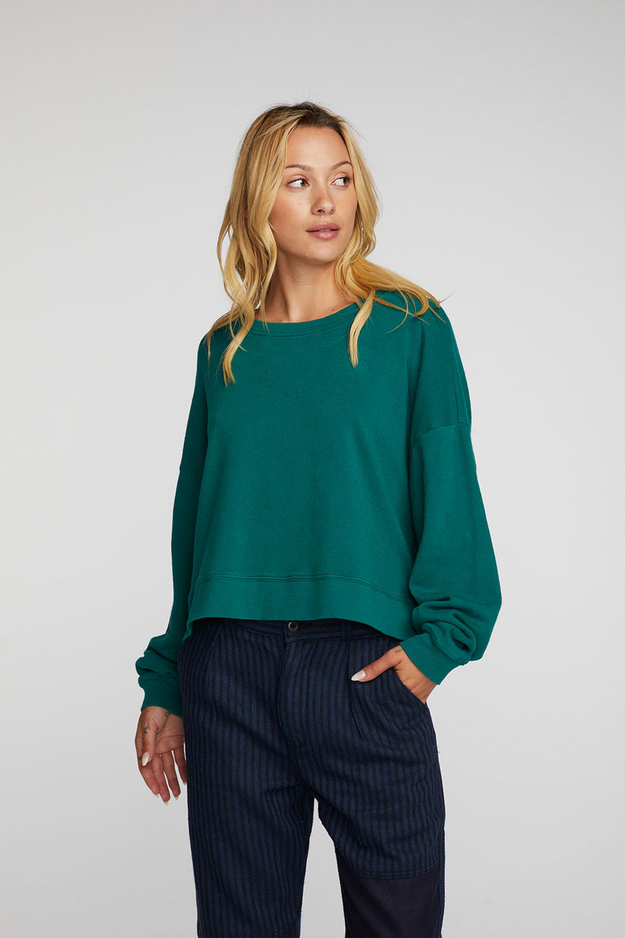Cotton Fleece Crewneck Pullover with Rib Womens chaserbrand