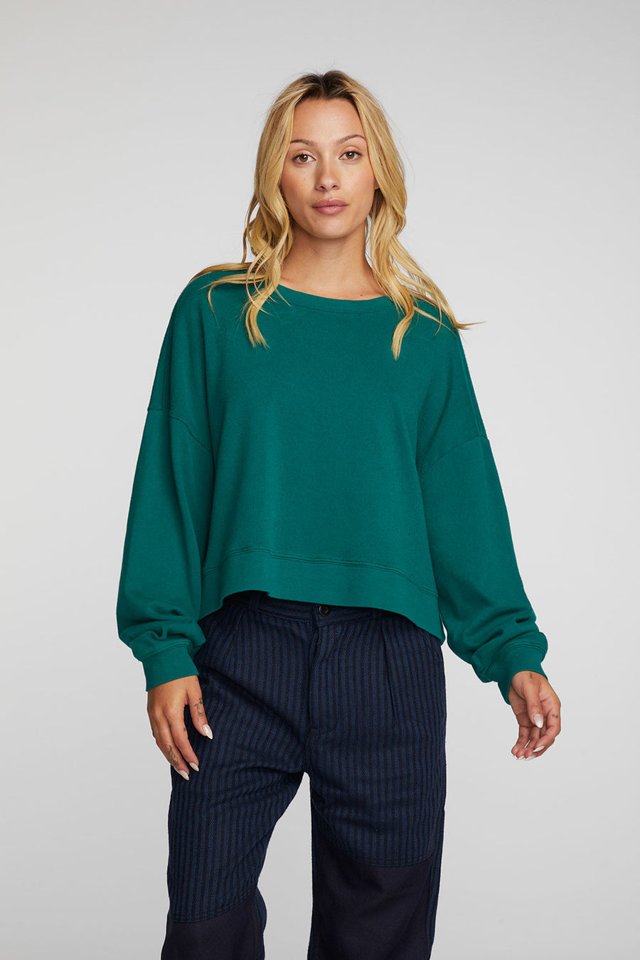 Cotton Fleece Crewneck Pullover with Rib Womens chaserbrand