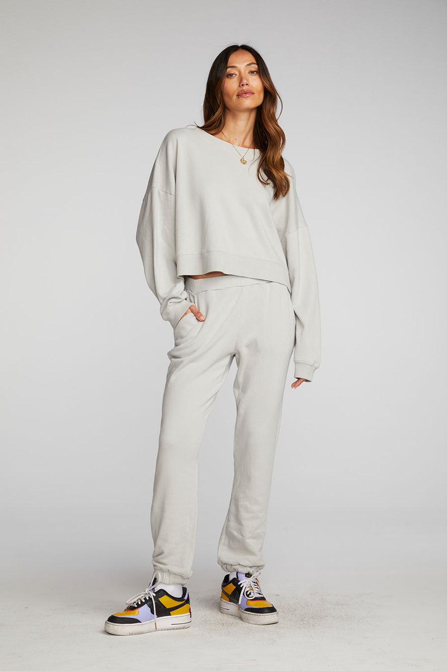 Cotton Fleece Crewneck Pullover with Rib Womens chaserbrand
